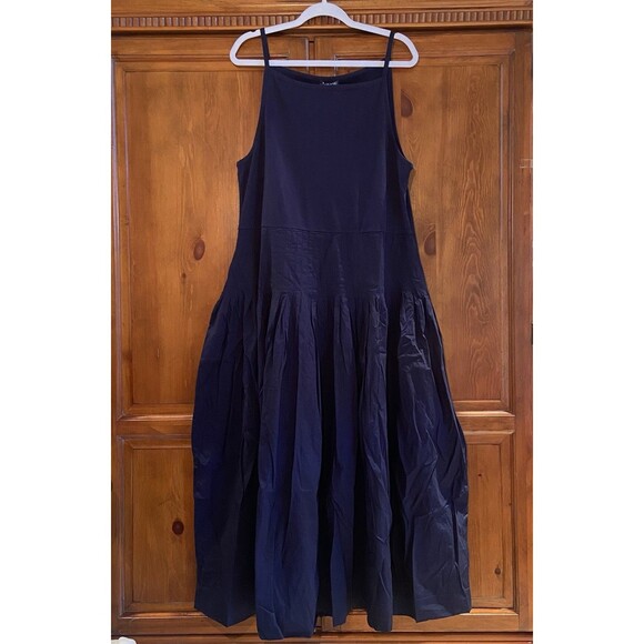 J. Crew Pintuck Mixy Dress Navy Blue Cotton Poplin Maxi Size 2X Beachy Preppy - Picture 3 of 9